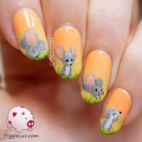 Celebrate Fancy Rat Day with a rat nail art like this one from Piggieluv. Farm Animal Nails, Animal Nail Designs, Animal Nail Art, Animal Nails, Animal Print Nails, Nails For Kids, Trendy Nail Art, Trendy Nail Design, Get Nails