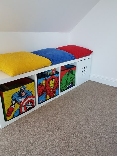 Marvel Playroom, Toddler Bedroom Marvel, Kids Avengers Bedroom, Toddler Boys Marvel Room, Super Hero Bedroom Ideas, Avengers Room Ideas Boy Bedrooms, Boys Marvel Bedroom Ideas, Marvel Bedroom Ideas Boy Rooms, Kids Room Attic