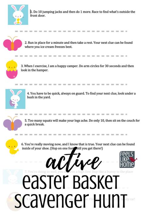 Free printable active Easter basket scavenger hunt for Easter morning - A treasure hunt is a great way to find your Easter basket. This hunt for kids uses rhymes and riddles as clues. Awesome active fun in riddles. Great for families at home. Non-religious. Easy clues using both indoor and outdoor spots. Easter Basket Scavenger Hunt, Easter Basket Hunt, Easter Scavenger Hunt Clues, Egg Hunt Clues, Easter Egg Scavenger Hunt, Teen Easter Basket, Scavenger Hunt Riddles, Easter Scavenger Hunt, Kids Hunting