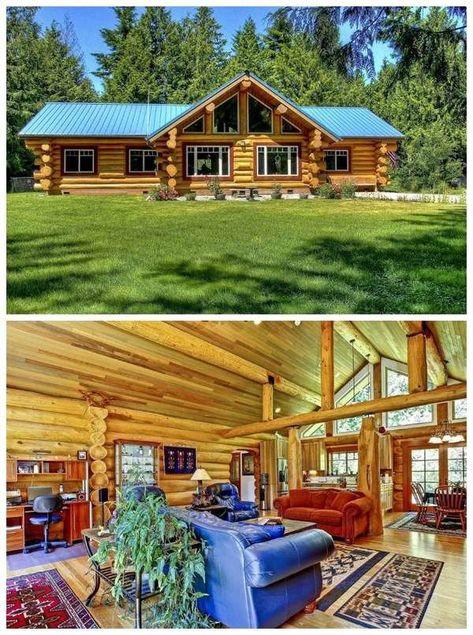 Ranch-Style Log Cabin Log Homes Exterior, Log Cabin Floor Plans, Log Cabin Ideas, Small Log Cabin, Houses Ideas, Cabin Exterior, Cabin Floor Plans, Country Cottage Decor, Ranch Style Homes