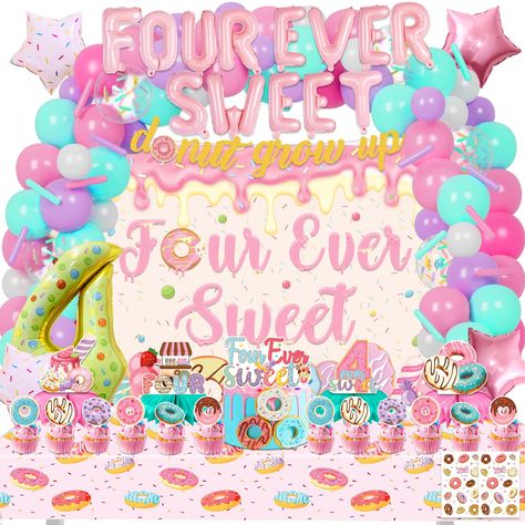 PRICES MAY VARY. WORTH THE PRICE: Our four ever sweet birthday party decorations kit not only has many suits but is also has good quality. Just one set is enough to set up a perfect party for kids girls. WHAT CAN YOU GET IN PARTY: Our 4 ever sweet birthday party decorations set includes 1 Backdrop, 24 Cupcake Topper, 80 Pcs Latex Balloons (12 Styles), 19 Foil Balloons, 1 Banner, 1 Cake Toppers, 1 Tablecloth, 2 Sheet Temporary Tattoos, 4 Centerpieces. SAFE AND RELIABLE: Good choice for 4 year old 4 Ever Sweet Birthday Party Cake, Pink 4th Birthday Party, 4 Ever Sweet Birthday Party, Sweet Birthday Decorations, Four Ever Sweet Birthday, 4th Birthday Theme, Four Ever Sweet, 4th Birthday Party, Donut Birthday Parties