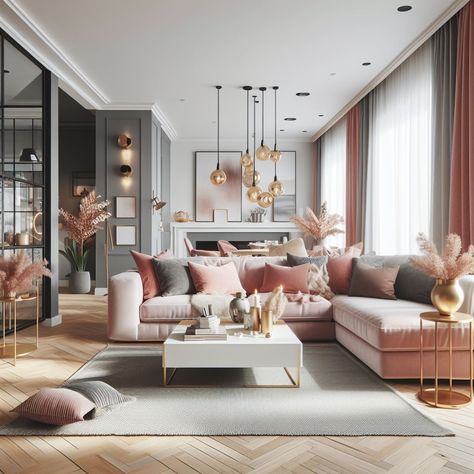 How do I make my room look like rich? 🤔 Tip: Blend modern luxury with a chic Scandinavian vibe! 😍 Try a pink-grey-gold palette, keep decorations uncluttered, and use marble accents.✨ Soft side-lamps create a cozy ambience.🛋️ Voila! A luxurious Scandinavian living room.💖🌟👌 💥 Follow us for Daily Home Design Tips ✨ luxury home design elegant luxury home pink and gold room ideas my rich gold and pink room grey and gold living room ideas pink grey and gold living room interior living ... Living Room Ideas Pink And Grey, Pink And Gold Room Ideas, Gold And Pink Room, Gold Room Ideas, Living Room Ideas Pink, Grey And Gold Living Room, Pink And Gold Room, Pink House Decor, Gold Living Room Ideas