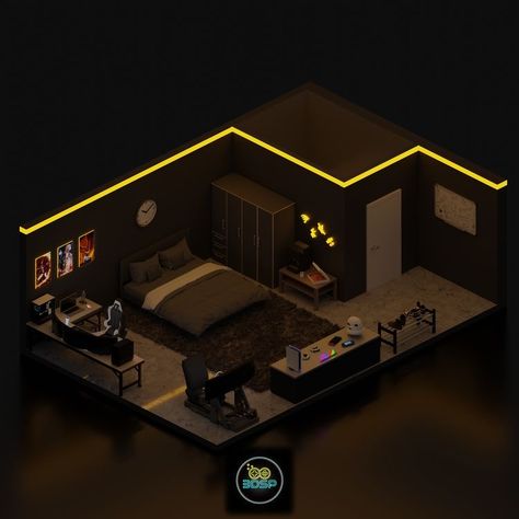 Cool Boys Room, Lofted Cabin, Black Room Aesthetic, Gamer Bedroom, Small Game Rooms, Blue Bedroom Design, Computer Gaming Room, Stylish Bedroom Design, 3d Room