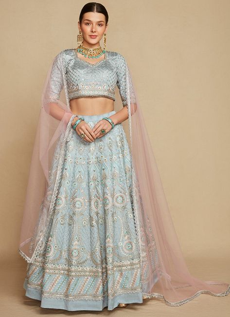 Light Blue Lengha, Blue Lengha, Lehenga Choli Designer, Southern Girl Style, Desi Fits, Outfits New York, Desi Dress, Outfit Collection, Blue Lehenga