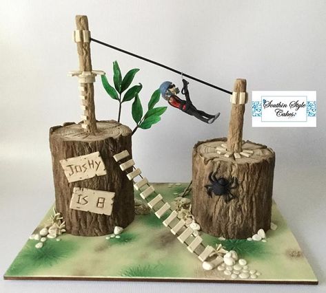 Zip Line Birthday Cake, Zipline Party Ideas, Zip Line Cake, Acrobranch Party, Adventure Birthday Cake, Zipline Birthday Party, Thomas Birthday Cakes, Fondant Figurine, Adventure Birthday Party