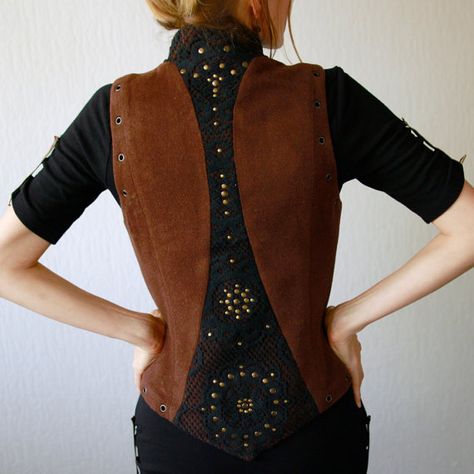 Woodland vest  brown vest decorated with black lase by vaisto Cosplay Style, Steampunk Vest, Unique Clothes, Brown Vest, Wool Vest, Vest Outfits, Leather Vest, Unique Outfits, Character Outfits