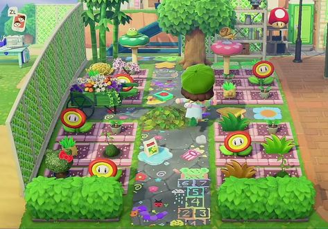 Acnh Froggycrossing, Froggycrossing Island, Animal Crossing Build Ideas Kidcore, Kidcore Animal Crossing Builds, Kid Core Acnh, Acnh Kidcore Build Ideas, Acnh Community Garden, Animal Crossing Build Ideas, Animal Crossing Kidcore