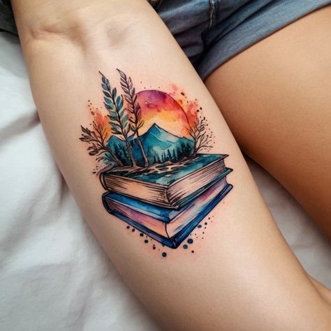 Color Book Tattoo, Book Theme Tattoo Ideas, Book Reader Tattoo Ideas, Book Flower Tattoo, Fantasy Book Tattoo Ideas, Fantasy Book Lover Tattoo, Book Lover Tattoo Color, Tattoos For People Who Love Books, Bookish Tattoos Watercolor