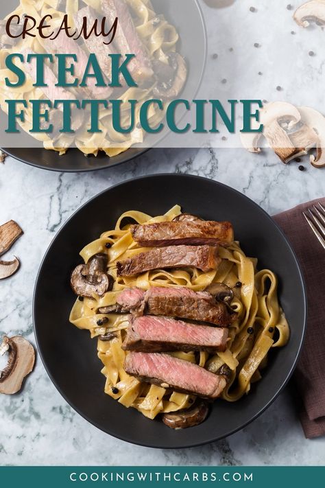 Click for 3 tips on making Creamy Steak Fettuccine. This Creamy Steak Fettuccine dinner recipe is delicious and quick! This meal layers many different flavours into a deliciously complex dish: seared steak is accentuated by garlic and whole peppercorns; earthy mushrooms, white wine, and chicken broth perfectly compliment the rich cream; while salty, starchy pasta water ties it all together. Pasta Recipes Fettuccine, Creamy Steak Fettuccine, Steak Fettuccine, Creamy Steak, Fettuccine Recipe, Fettuccine Recipes, Pasta Lunch, Mushroom Recipes Pasta, Steak Pasta