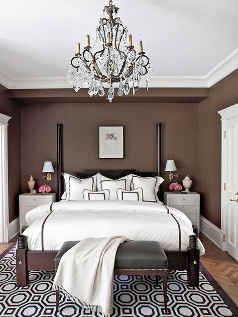 Stick to what you know! There's a reason black and white is such a classic look: http://www.bhg.com/rooms/bedroom/color-scheme/neutral-colored-bedrooms/?socsrc=bhgpin092214sticktothebasics&page=5 Chocolate Brown Bedrooms, Neutral Color Bedroom, Chocolate Walls, Brown Wall, Brown Bedroom, Bedroom Pictures, Wall Bedroom, Brown Walls, Design Del Prodotto