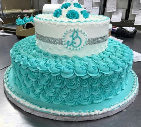 Buttercream Aqua Birthday Cake, Turquoise Cakes Birthday, 2 Tier Teal Birthday Cake, Teal Vintage Cake, Tiffany Blue Wedding Cake, Blue Rosette Cake Ombre, Wedding Cake Pearls, Sweet 16 Birthday Cake, 16 Cake