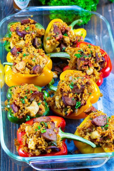 Jambalaya Stuffed Peppers Creole Cooking, Jambalaya Recipe, Sausage And Peppers, Spicy Pork, Andouille Sausage, Andouille, Smoked Pork, Jambalaya, Peppers Recipes