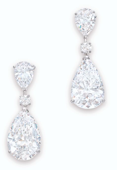 Diamond Pendent Earrings ~ Each suspending a pear-shaped diamond weighing 12.38 and 11.92 carats (both D/VVS2; IIa and Ia, respectively) from a pear-shaped diamond surmount weighing 2.21 and 2.08 carats (E/VVS2 and D/VS1 respectively), and brilliant-cut diamonds, mounted in platinum and 18 karat white gold, maker's mark for Moussaieff. Pendant detachable. Diamond Pendent, Pear Shaped Diamond, Pear Diamond, Maker's Mark, Jewelry Patterns, Pendant Earrings, Pear Shape, Brilliant Cut Diamond, Diamond Pendant