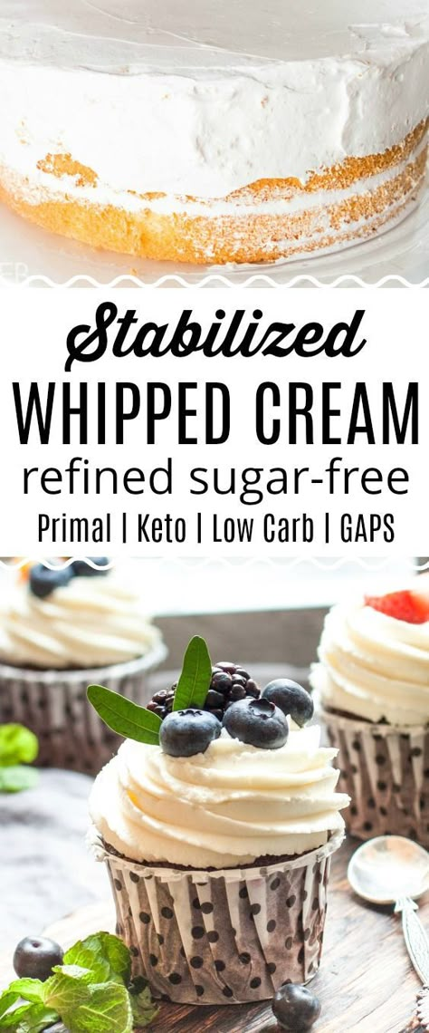 Stabilized Whipped Cream is refined sugar-free and perfect for Primal, Keto, Low Carb and GAPS recipes. Use it for frosting or wilt-free toppings or layers. || Eat Beautiful | #stabilized #whippedcream #keto #lowcarb #paleo #primal #gapsdiet #frosting #honey #stevia Sugar Free Whipped Cream Frosting, Low Calorie Whipped Cream, Protein Whipped Cream, Keto Whipped Cream Recipe, Keto Frosting Recipe, Paleo Whipped Cream, Healthy Whipped Cream, Keto Frosting, Stevia Sugar