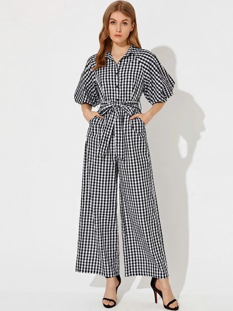 Puff Sleeve Jumpsuit, Gingham Jumpsuit, Gingham Outfit, Shirt Jumpsuit, Plaid Jumpsuit, Long Dress Casual, Jumpsuit With Sleeves, Kawaii Clothes, Two Piece Outfit