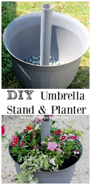 DIY Umbrella Stand & Planter from Served Up With Love. On my quest to find the perfect umbrella stand I decided to make my own and I LOVE it! www.servedupwithlove.com Diy Umbrella Base, Diy Umbrella, Backyard Patio Furniture, Outdoor Umbrella Stand, Patio Umbrella Stand, Cheap Patio, Large Flower Pots, Garden Umbrella, Meteor Garden 2018