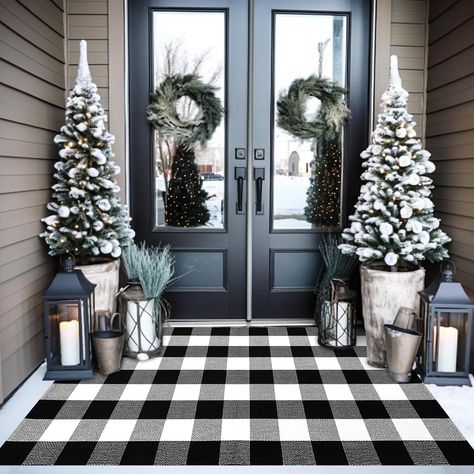 Double Door Entryway Exterior Decor, Front Porch Decor Fall Simple, Black And White Outdoor Christmas Decor, Farmhouse Front Door Christmas Decor, Front Door Lantern Decor, Fall Steps Decor, Layering Rugs Front Door, Buffalo Plaid Front Porch Decor, Fall Decor Front Porch Entryway