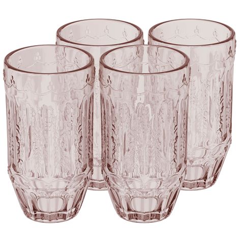 PRICES MAY VARY. Vintage Pink Hiball Glasses - This glassware set includes four beautifully designed wine tumblers, each measuring 5.51 x 3.27 inches with 10.1oz capacity. A great addition to your kitchenware collection, these colorful margarita glasses are perfect to mix and match with any other houseware sets! Vintage Design - Our pink drinking glasses feature embossed elements that add a stylish and elegant look to any setting. With its intricate pattern, each large drinking glasses adds a cl Mocktail Glasses, Pink Drinking Glasses, Apt Kitchen, Colored Drinking Glasses, Mid Century Glassware, Vintage Drinking Glasses, Thrift Inspo, Iced Tea Glasses, Tom Collins