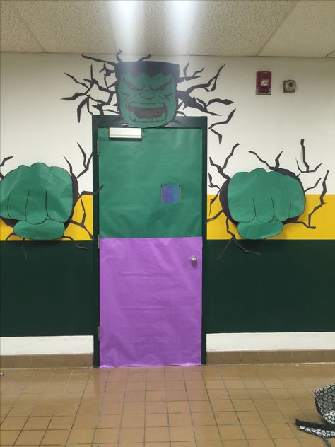 Hulk classroom door Hulk Trunk Or Treat, Super Hero Decorations, Superhero Classroom Door Decorations, Superhero Classroom Door, Hulk Decorations, Superhero Door, Superhero Classroom Decorations, Superhero Vbs, Hollywood Theme Classroom