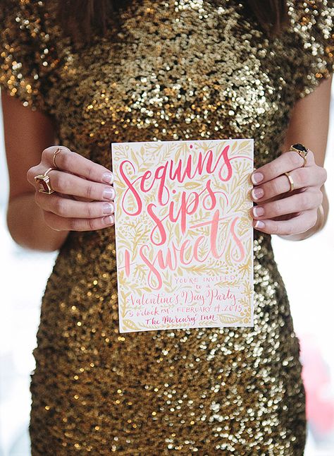 Sequins, Sips, and Sweets! A Valentine’s Day Party - www.theperfectpalette.com - Jessica Weiser Photography, L. brook events, Watershed Floral Sequin Bachelorette Party, Valentine Party Invitations, Hens Party Themes, Metallic Wedding, Galentines Party, Invitation Suites, Shower Stuff, Nye Party, Bachelorette Party Themes