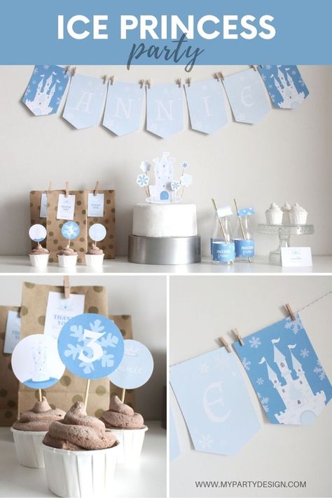 I had this Ice Princess birthday party theme in my to-do list for a while. I wanted a simple theme that could work for a Winter Onederland party or for a Frozen party, the theme of the moment for girls’ birthday parties. If I had a  dollar for each time I hear my daughters sing [...] The post Ice Princess Birthday Party appeared first on My Party Design. Princess Party Printables, Ice Princess Party, Schnee Party, Princess Girl Party, Princess Birthday Decorations, Snow Party, Castle Illustration, Winter Onederland Party, Princess Party Decorations