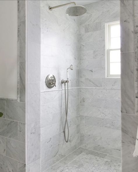 Grey Marble Look Tile Bathroom, Polish Porcelain Tile Bathroom, Marble Shower With Chair Rail, White And Grey Marble Tiles Bathroom, Marble Tile Wainscoting Bathroom, Siberian Pearl Brushed Marble Bathroom, Honed Carrara Marble Bathroom, Timeless Marble Bathroom, Marble Chair Rail Bathroom