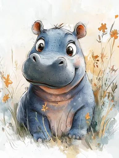 ↑↑↑ Larger size on website 🔸 The illustration shows a cartoon hippopotamus with large eyes and a wide smile, sitting in a field o Hippo Drawing, Watercolor Field, Sitting In A Field, Wide Smile, Tangle Patterns, Office Christmas Decorations, Art Poster Design, Colorful Watercolor, Large Eyes