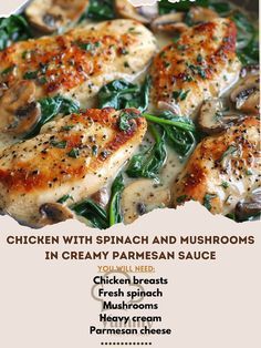 🍗🍄 Indulge in Creamy Parmesan Chicken with Spinach and Mushrooms tonight! #CreamyChickenDelight Chicken with Spinach and Mushrooms in Creamy Parmesan Sauce Ingredients: Chicken breasts Fresh spinach Mushrooms, sliced Heavy cream Parmesan cheese Garlic, minced Olive oil Instructions: Sauté chicken in olive oil until golden; set aside. In the same pan, cook mushrooms and garlic. Add spinach, cream, and Parmesan. Simmer. Return chicken to pan and coat with sauce. 🍴✨ Experience the rich, savory... Chicken With Spinach And Mushrooms In Creamy Parmesan Sauce, Chicken With Spinach And Mushrooms, Sauté Chicken, Stuff Mushrooms, Chicken Spinach Mushroom, Cook Mushrooms, Chicken With Spinach, Creamy Parmesan Chicken, Chicken Chop