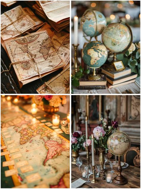 Adventurous Travel Wedding Theme Ideas to Adore Travel Themed Dining Room, Travel Theme Dinner Party, Travel Inspired Wedding Decoration, Travel Theme Birthday Party Decoration, Travel Wedding Theme Ideas, Travel Wedding Theme, Travel Theme Party, Vintage Travel Party, Travel Inspired Wedding