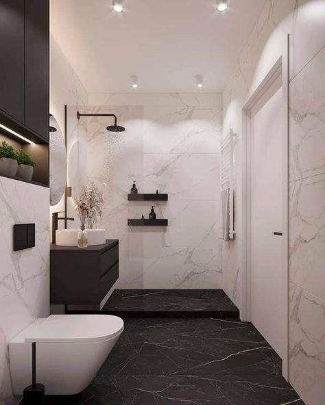 Marble Bathroom Ideas Black And White, Black Marble Bathroom Floor, Grey And White Bathroom Ideas Modern, Bathroom Tile Combinations Design Trends, Black And White Marble Bathroom, Small Luxury Bathroom, Marble Toilet, Bathroom Black And White, Makeover Kamar Mandi