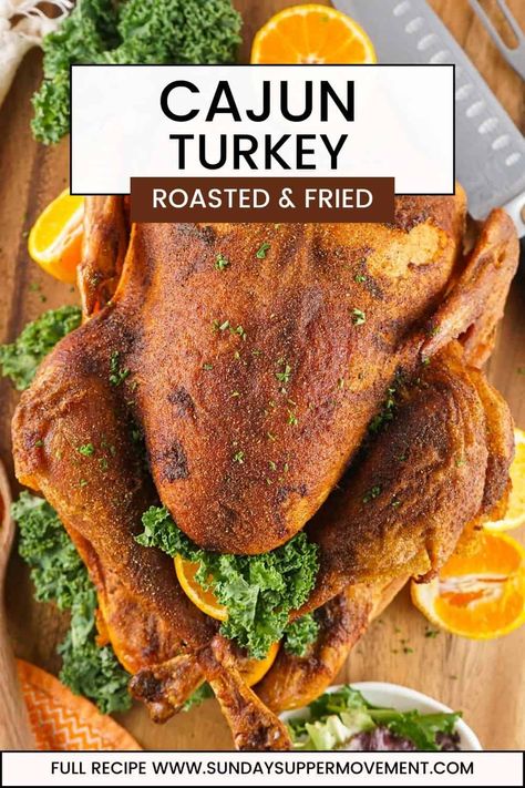 This glorious roasted-and-fried Cajun Turkey Recipe is like no turkey you've ever had before! If you like Popeyes Cajun Turkey, try this! via @thesundaysupper Turkey Recipes Cajun, Popeyes Turkey Recipe, Cajun Compound Butter For Turkey, Oilless Turkey Fryer Recipes, Fried Turkey Recipes Thanksgiving, Popeyes Cajun Turkey Recipe, Cajun Butter Turkey, Turkey Injector Recipe, Cajun Deep Fried Turkey