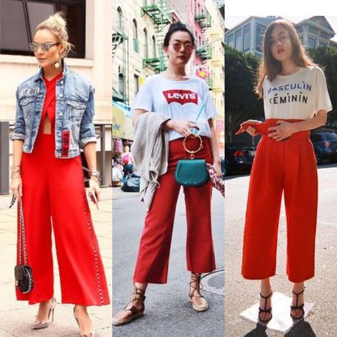 Wide red pants 1,2,3? Red Cullotes Outfit Casual, Red Culottes Outfit, Red Palazzo Pants Outfit, Red Trousers Outfit Casual, Red Pants Summer, Red Pants Outfit Street Style, Red Trousers Outfit, Palazzo Outfits, Red Culottes