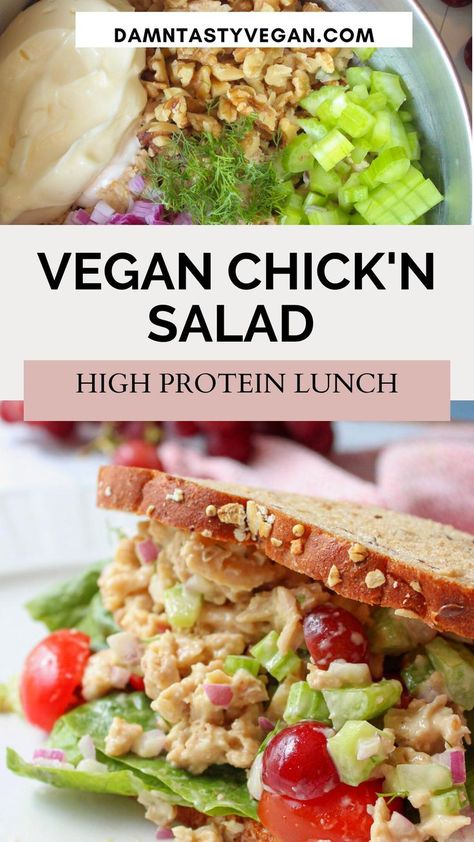 Vegan chicken salad sandwich Vegan Lunch Sandwich, Vegan Chicken Salad, Seitan Chicken, Chicken Salad With Grapes, Soy Curls, Quick Vegan Meals, Protein Lunch, Vegan Chicken, Vegan Mayonnaise