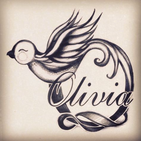 Bird tattoo - Olivia  - With a Q instead for Quinn Gigi Tattoo, Tattoos For My Kids, Olivia Tattoo, Ripped Skin Tattoo, Mother Tattoo, Wooden Letters For Nursery, Tattoo Cover Ups, Real Tattoos, Sparrow Tattoo