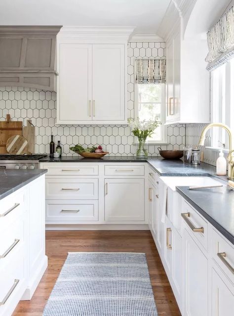 29 Kitchens With White Cabinets and Black Countertops Worth Copying Kitchen With Two Refrigerators, Winter Rugs, 1920 Bungalow, Adu Kitchen, Kitchen Diner Ideas, Soapstone Counters, Kitchen Runners, 1920s Bungalow, Beautiful Backsplash