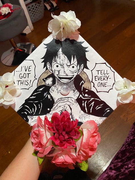 Graduation Cap Designs One Piece, Over The Garden Wall Graduation Cap, Jujutsu Kaisen Graduation Cap, Attack On Titan Graduation Cap, Anime Grad Cap Ideas, Avatar Graduation Cap, One Piece Graduation Cap, Red Graduation Cap Designs, Anime Graduation Cap