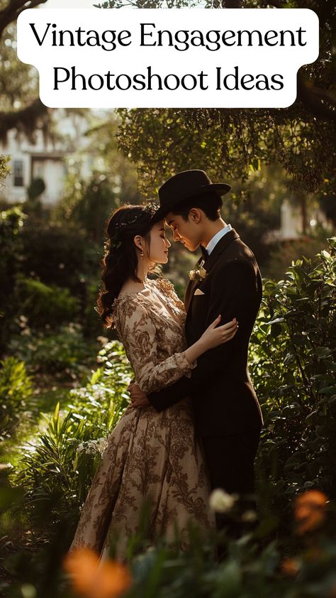 A couple poses in a vintage-style engagement photoshoot, surrounded by historic landmarks and lush gardens, dressed in classic attire with meaningful props, capturing timeless romance and charm. Cute Engagement Photos Ideas Creative, Dramatic Engagement Photos, 1920s Engagement Photos, Vintage Engagement Photoshoot, Vintage Engagement Photos, Engagement Photoshoot Ideas, Historic Landmarks, Anniversary Photoshoot, Vintage Couples