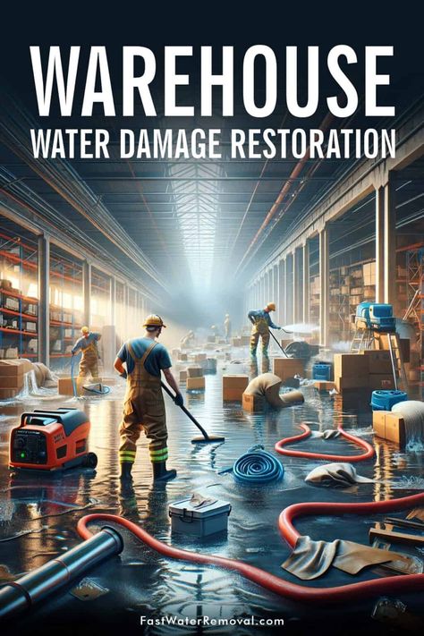 An image of water damage inside a warehouse. The scene shows water-covered floors and damaged goods. A team of professional restoration workers are actively engaged in cleanup and repair tasks, using advanced tools such as water pumps, dehumidifiers, and air movers. The image has the title, Warehouse Water Damage Restoration. Mold Prevention, Mold Remediation, Mold Growth, Plumbing System, Restoration Services, Hvac System, Water Damage, Mold And Mildew, Health And Safety