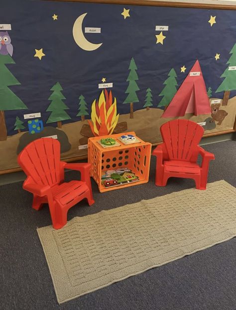 Camping Theme Preschool Decorations, Camping Theme Classroom Decorations, Campfire Classroom, Camping Theme Preschool, Camping Room, Teacher Decor, Classroom Window, Preschool Decor, Camping Theme Classroom