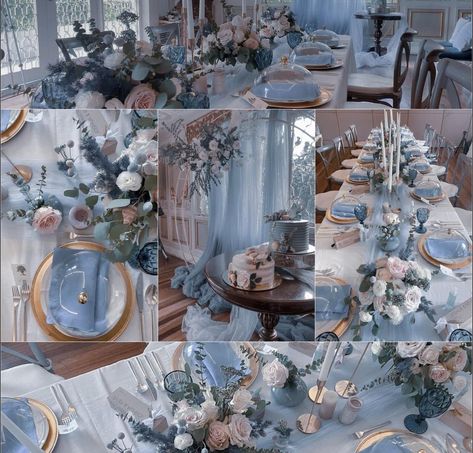 Dusty Blue Fairytale Wedding, Wedding Theme Colors Summer 2024, Moki Gray Weddings, Aesthetic Wedding Theme Colors, Color Themes For Sweet 16, Blue Monochromatic Wedding, Bridgerton Blue Wedding, Dusty Blue Quinceanera Theme, Light Blue Dessert Table