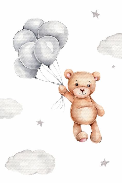 Teddy With Balloons, Best Teddy Bear, Teddy Bear Drawing, Nursery Illustration, Idee Babyshower, Baby Print Art, Baby Poster, Clipart Baby, Baby Boy Room Decor