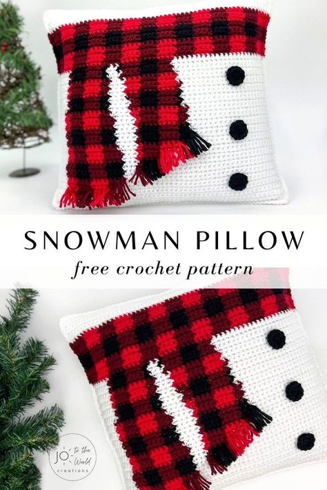 Are you looking for fun Christmas crochet projects? Here is a beautiful Christmas snowman crochet pillow case that you can leave out all winter. This free cute cushion cover pattern is great to put on the couch during Christmas days. The kids will definitely love it. Take a look at the free tutorial to make this crochet snowman pillow. Crochet Winter Pillow Cover, Crochet Snowman Blanket, Crochet Christmas Tree Pillow Pattern, Crochet Snowman Pillow Free Pattern, Christmas Pillow Crochet Patterns Free, Christmas Crochet Pillow Patterns Free, Crochet Christmas Pillow Cover, Snowman Pillows To Make, Crochet Christmas Pillow Pattern