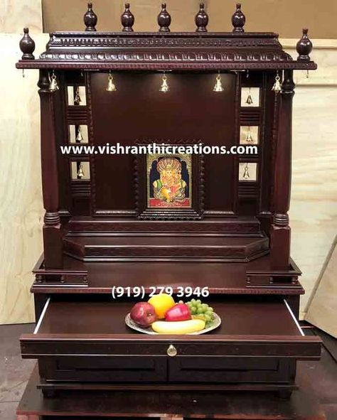 Pooja Mandir, Pooja Room, Tanjore Art, Tanjore Paintings made in USA Devaramane Designs, Pooja Mandir Ideas Design Usa, Wooden Temple For Home, Mandir For Home, Mandir Designs, Temple Room, Puja Mandir, Pooja Door Design, Tanjore Art