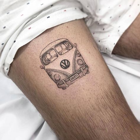 Tattoos On Men, Campervan Tattoo, Vw Tattoo, Rose Tattoo With Name, Lock Tattoo, Camping Tattoo, Tattoos Forearm, Hippie Tattoo, Tattoo Line