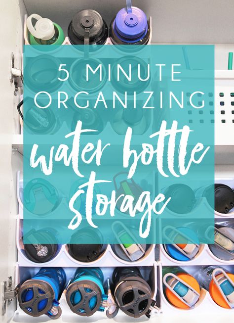 Water Bottle Storage solution! How to organized kitchen cabinets with quick five minute organizing projects. Perfect kitchen cabinet organizers for water bottles, plastic cups, straws, and more. Diy Water Bottle Storage, Wine Bootle, Organized Kitchen Cabinets, Organization Kitchen Cabinets, Water Bottles Plastic, Kitchen Cabinet Organizers, Wine Holders, Water Bottle Organization, Water Bottle Storage