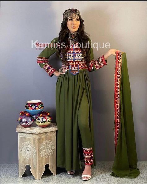 Afghan Traditional Dress - Etsy Canada Lawn Dress Design Ideas, Green High Low Dress, Lawn Dress Design, Afghanistan Flag, Afghan Culture, Afghani Clothes, Desi Wear, Afghan Jewelry, Afghan Fashion