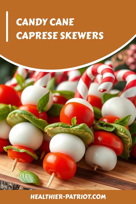 Create festive holiday appetizers with Candy Cane Caprese Skewers - arrange fresh mozzarella, cherry tomatoes, and basil in a candy cane shape for a colorful Christmas party snack Caprese Skewers Christmas, Colorful Christmas Party, Italian Candy, Mozzerella Cheese, Christmas Party Snacks, Tomato Caprese, Caprese Skewers, Culinary Techniques, Party Snack