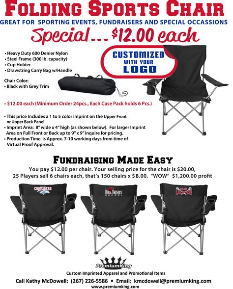 Fundraiser Idea - Folding sports chairs with team logo Cheerleading Fundraiser, Baseball Fundraiser, Football Fundraiser, Creative Fundraising, Sports Fundraisers, Donation Letter, Pta Fundraising, Sport Chair, Football Cheer