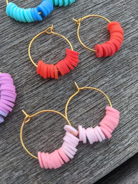 Heishi Clay Two Tone Hoop Earrings/heishi Polymer Clay | Etsy Pulseras Aesthetic, Heishi Jewelry, Hoops With Charms, Crazy Earrings, Earrings Diy Handmade, Earring Inspo, Fimo Jewelry, Diy Yarn Crafts, Poly Clay