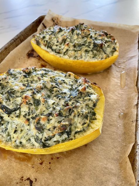 Spinach-Artichoke Spaghetti Squash Boats Recipe - Pamela Salzman Spinach Artichoke Spaghetti Squash, Artichoke Spaghetti Squash, Best Spaghetti Squash, Artichoke Spaghetti, Best Spaghetti Squash Recipes, Spaghetti Squash Boats, Spaghetti Squash Boat, Squash Boats, Spaghetti Squash Recipe